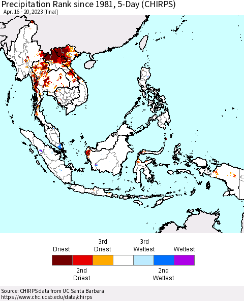 South East Asia Precipitation Rank since 1981, 5-Day (CHIRPS) Thematic Map For 4/16/2023 - 4/20/2023