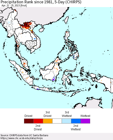 South East Asia Precipitation Rank since 1981, 5-Day (CHIRPS) Thematic Map For 4/21/2023 - 4/25/2023