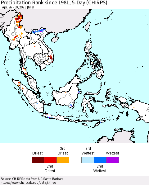 South East Asia Precipitation Rank since 1981, 5-Day (CHIRPS) Thematic Map For 4/26/2023 - 4/30/2023