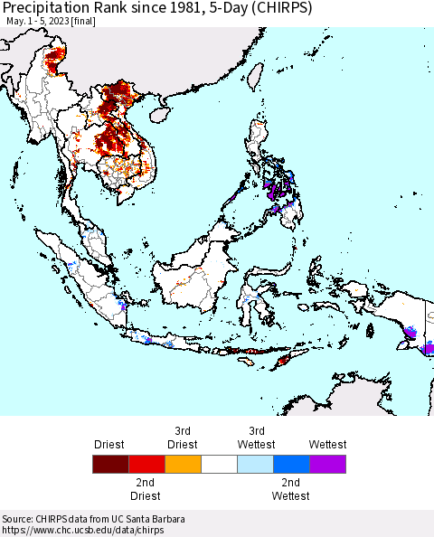 South East Asia Precipitation Rank since 1981, 5-Day (CHIRPS) Thematic Map For 5/1/2023 - 5/5/2023