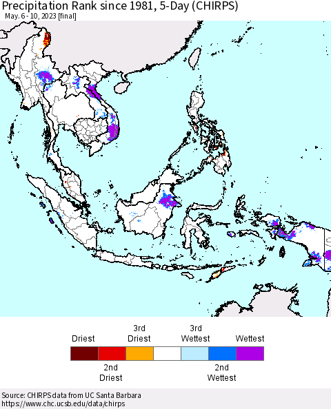 South East Asia Precipitation Rank since 1981, 5-Day (CHIRPS) Thematic Map For 5/6/2023 - 5/10/2023