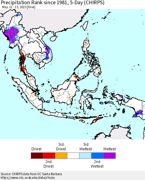 South East Asia Precipitation Rank since 1981, 5-Day (CHIRPS) Thematic Map For 5/11/2023 - 5/15/2023