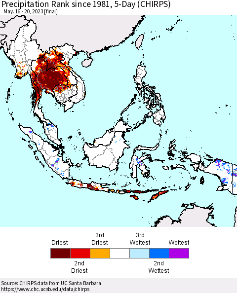 South East Asia Precipitation Rank since 1981, 5-Day (CHIRPS) Thematic Map For 5/16/2023 - 5/20/2023