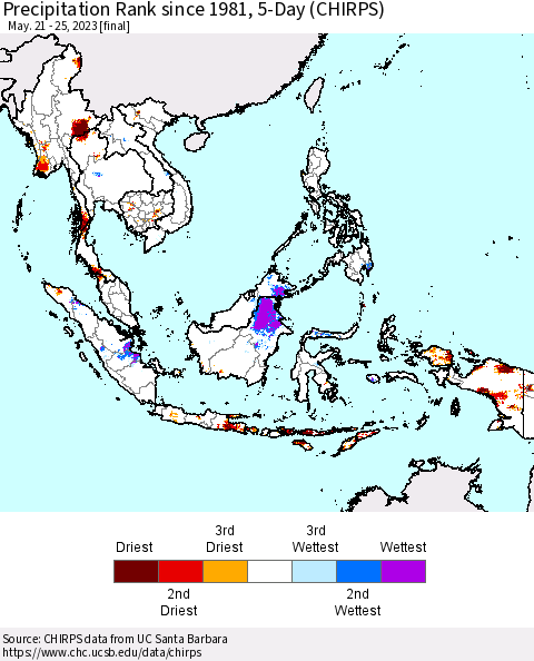 South East Asia Precipitation Rank since 1981, 5-Day (CHIRPS) Thematic Map For 5/21/2023 - 5/25/2023