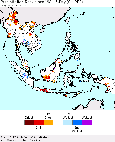 South East Asia Precipitation Rank since 1981, 5-Day (CHIRPS) Thematic Map For 5/26/2023 - 5/31/2023