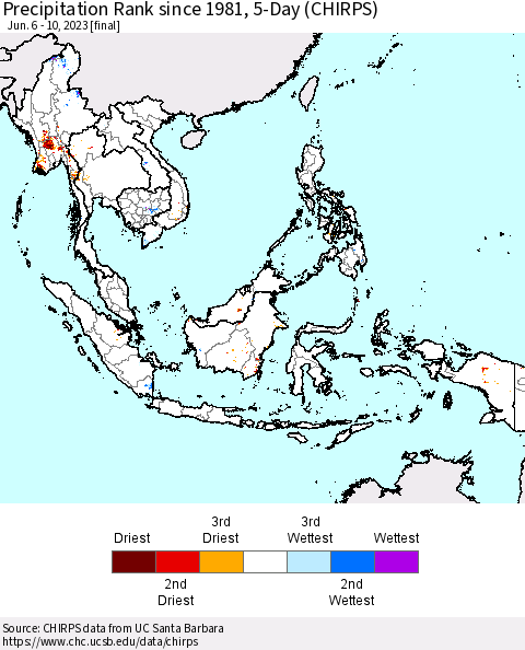 South East Asia Precipitation Rank since 1981, 5-Day (CHIRPS) Thematic Map For 6/6/2023 - 6/10/2023