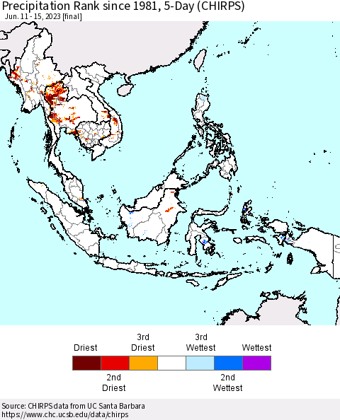 South East Asia Precipitation Rank since 1981, 5-Day (CHIRPS) Thematic Map For 6/11/2023 - 6/15/2023