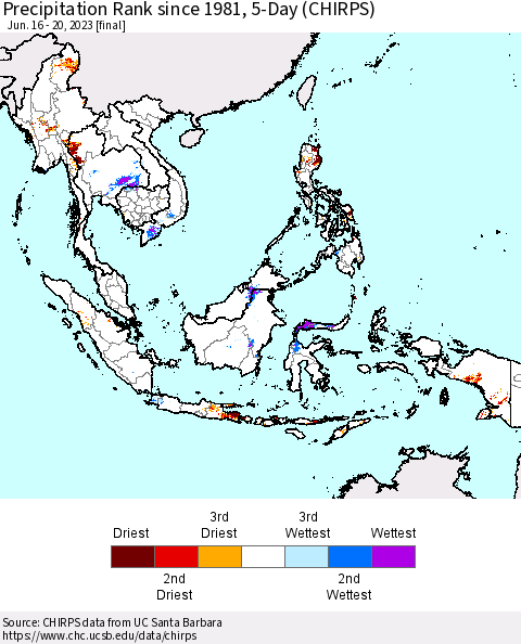 South East Asia Precipitation Rank since 1981, 5-Day (CHIRPS) Thematic Map For 6/16/2023 - 6/20/2023
