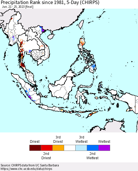 South East Asia Precipitation Rank since 1981, 5-Day (CHIRPS) Thematic Map For 6/21/2023 - 6/25/2023