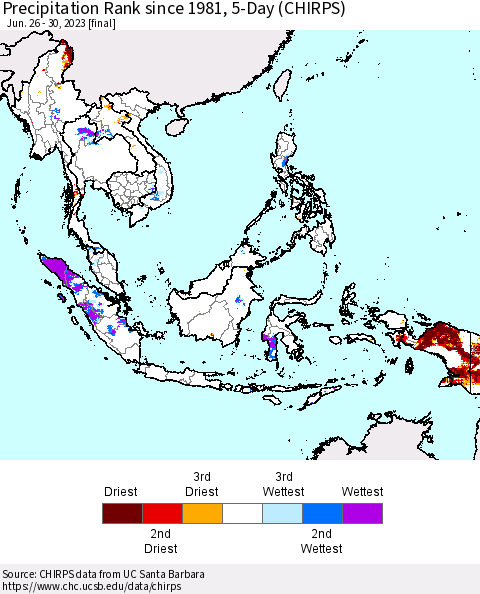 South East Asia Precipitation Rank since 1981, 5-Day (CHIRPS) Thematic Map For 6/26/2023 - 6/30/2023
