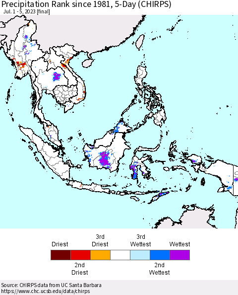 South East Asia Precipitation Rank since 1981, 5-Day (CHIRPS) Thematic Map For 7/1/2023 - 7/5/2023