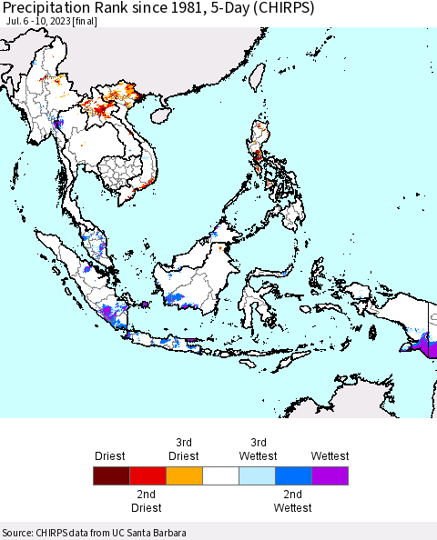 South East Asia Precipitation Rank since 1981, 5-Day (CHIRPS) Thematic Map For 7/6/2023 - 7/10/2023