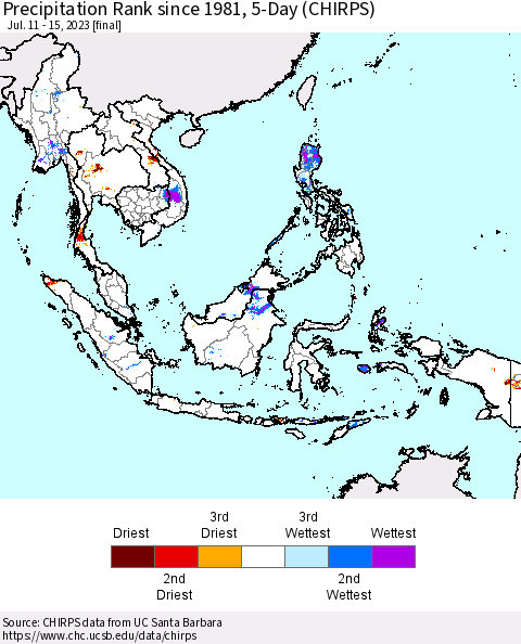 South East Asia Precipitation Rank since 1981, 5-Day (CHIRPS) Thematic Map For 7/11/2023 - 7/15/2023