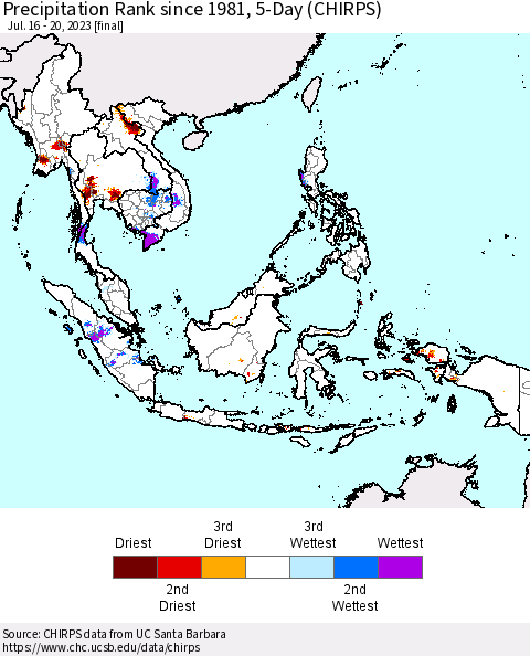 South East Asia Precipitation Rank since 1981, 5-Day (CHIRPS) Thematic Map For 7/16/2023 - 7/20/2023