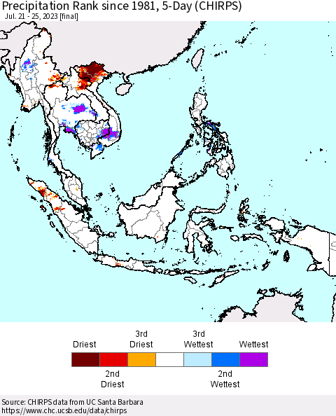 South East Asia Precipitation Rank since 1981, 5-Day (CHIRPS) Thematic Map For 7/21/2023 - 7/25/2023