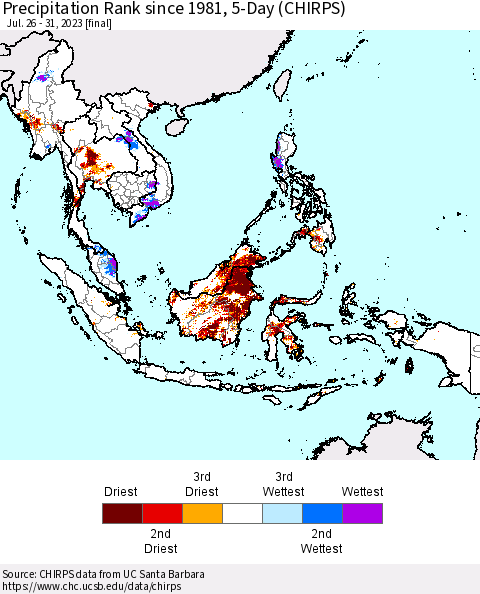 South East Asia Precipitation Rank since 1981, 5-Day (CHIRPS) Thematic Map For 7/26/2023 - 7/31/2023