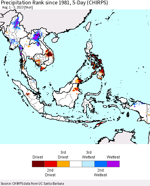 South East Asia Precipitation Rank since 1981, 5-Day (CHIRPS) Thematic Map For 8/1/2023 - 8/5/2023