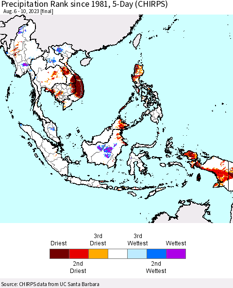South East Asia Precipitation Rank since 1981, 5-Day (CHIRPS) Thematic Map For 8/6/2023 - 8/10/2023