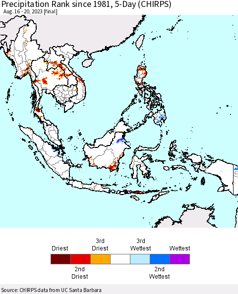 South East Asia Precipitation Rank since 1981, 5-Day (CHIRPS) Thematic Map For 8/16/2023 - 8/20/2023