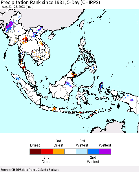 South East Asia Precipitation Rank since 1981, 5-Day (CHIRPS) Thematic Map For 8/21/2023 - 8/25/2023