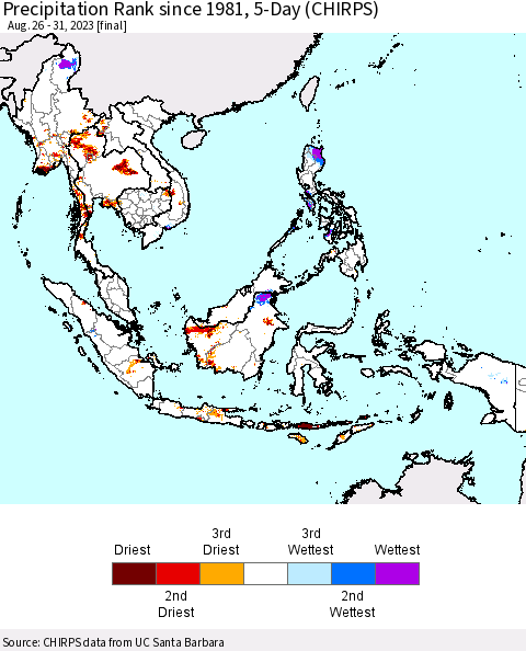 South East Asia Precipitation Rank since 1981, 5-Day (CHIRPS) Thematic Map For 8/26/2023 - 8/31/2023