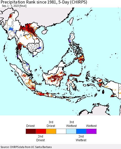South East Asia Precipitation Rank since 1981, 5-Day (CHIRPS) Thematic Map For 9/1/2023 - 9/5/2023