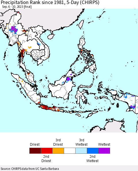 South East Asia Precipitation Rank since 1981, 5-Day (CHIRPS) Thematic Map For 9/6/2023 - 9/10/2023