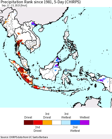 South East Asia Precipitation Rank since 1981, 5-Day (CHIRPS) Thematic Map For 9/11/2023 - 9/15/2023