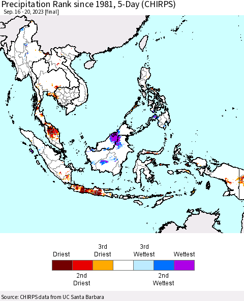 South East Asia Precipitation Rank since 1981, 5-Day (CHIRPS) Thematic Map For 9/16/2023 - 9/20/2023