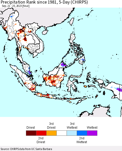 South East Asia Precipitation Rank since 1981, 5-Day (CHIRPS) Thematic Map For 9/21/2023 - 9/25/2023