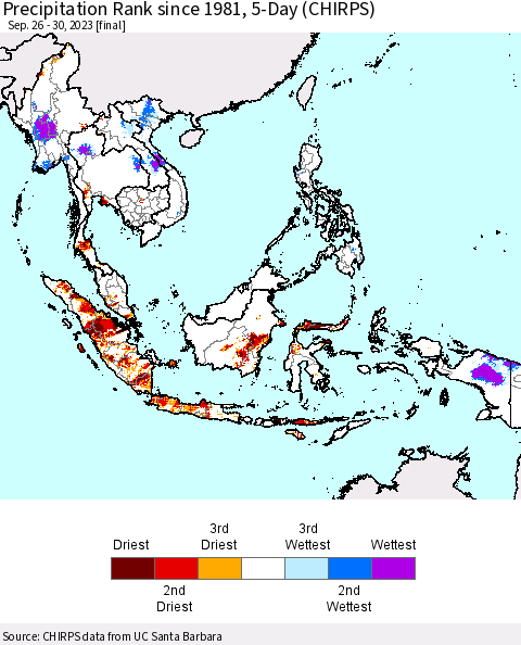 South East Asia Precipitation Rank since 1981, 5-Day (CHIRPS) Thematic Map For 9/26/2023 - 9/30/2023