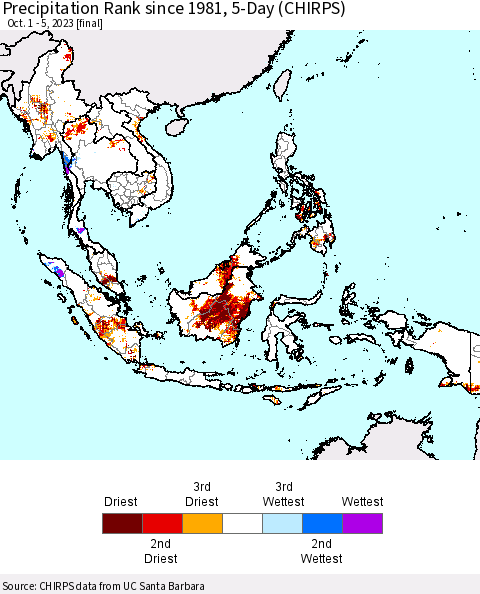 South East Asia Precipitation Rank since 1981, 5-Day (CHIRPS) Thematic Map For 10/1/2023 - 10/5/2023