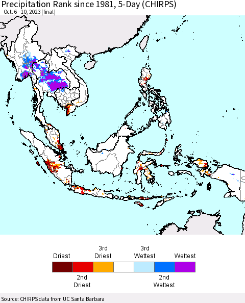 South East Asia Precipitation Rank since 1981, 5-Day (CHIRPS) Thematic Map For 10/6/2023 - 10/10/2023