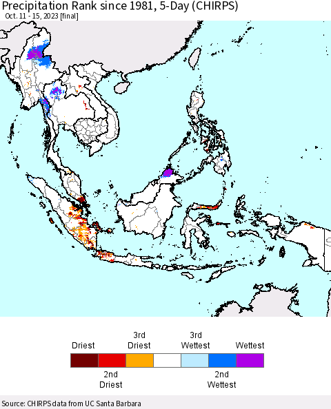 South East Asia Precipitation Rank since 1981, 5-Day (CHIRPS) Thematic Map For 10/11/2023 - 10/15/2023