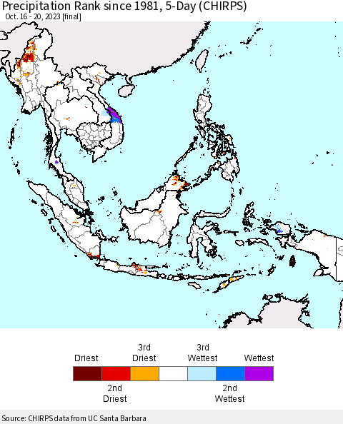 South East Asia Precipitation Rank since 1981, 5-Day (CHIRPS) Thematic Map For 10/16/2023 - 10/20/2023