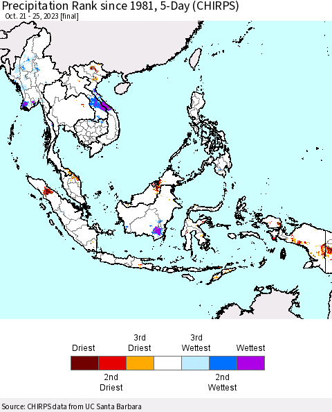South East Asia Precipitation Rank since 1981, 5-Day (CHIRPS) Thematic Map For 10/21/2023 - 10/25/2023