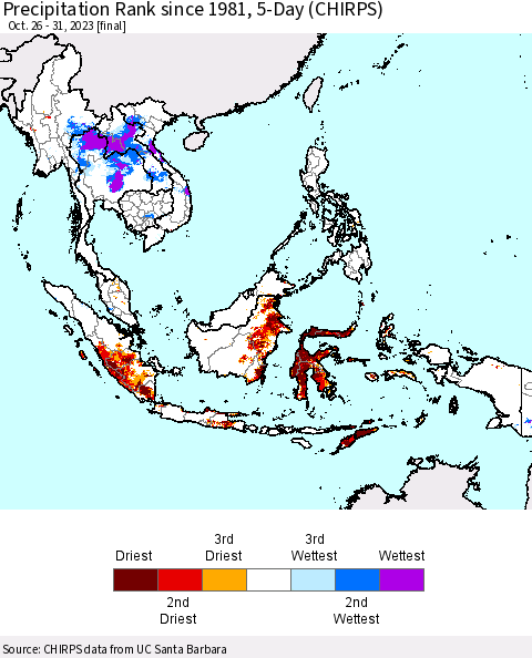South East Asia Precipitation Rank since 1981, 5-Day (CHIRPS) Thematic Map For 10/26/2023 - 10/31/2023