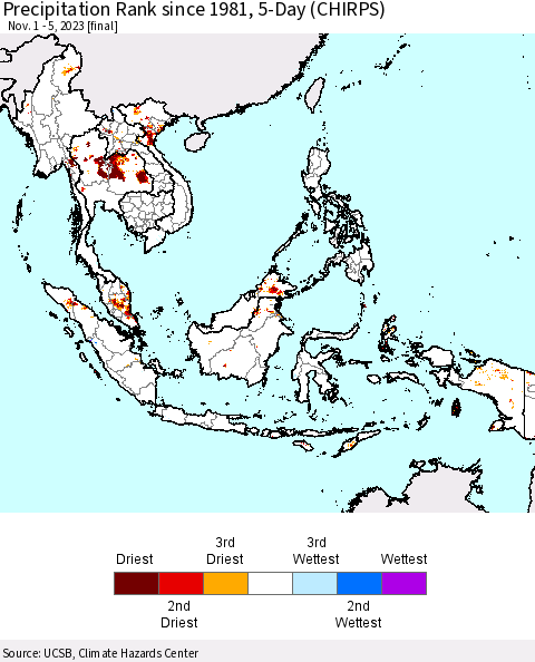 South East Asia Precipitation Rank since 1981, 5-Day (CHIRPS) Thematic Map For 11/1/2023 - 11/5/2023
