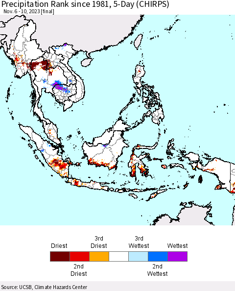 South East Asia Precipitation Rank since 1981, 5-Day (CHIRPS) Thematic Map For 11/6/2023 - 11/10/2023