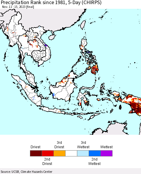 South East Asia Precipitation Rank since 1981, 5-Day (CHIRPS) Thematic Map For 11/11/2023 - 11/15/2023