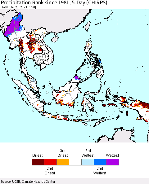South East Asia Precipitation Rank since 1981, 5-Day (CHIRPS) Thematic Map For 11/16/2023 - 11/20/2023