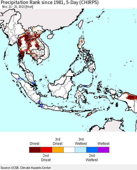 South East Asia Precipitation Rank since 1981, 5-Day (CHIRPS) Thematic Map For 11/21/2023 - 11/25/2023