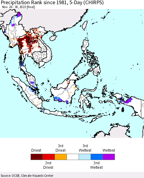 South East Asia Precipitation Rank since 1981, 5-Day (CHIRPS) Thematic Map For 11/26/2023 - 11/30/2023