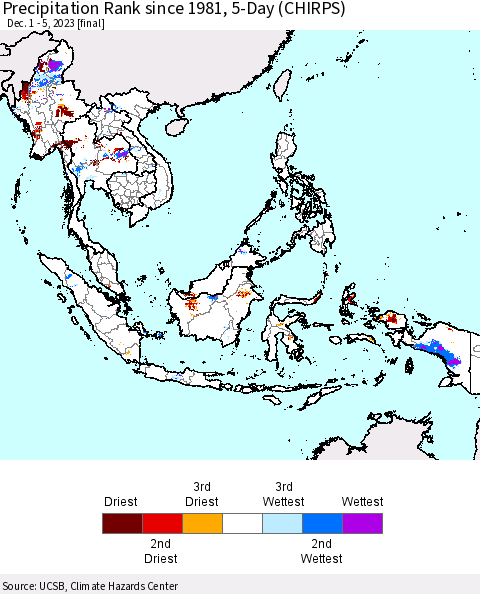 South East Asia Precipitation Rank since 1981, 5-Day (CHIRPS) Thematic Map For 12/1/2023 - 12/5/2023