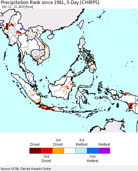 South East Asia Precipitation Rank since 1981, 5-Day (CHIRPS) Thematic Map For 12/11/2023 - 12/15/2023