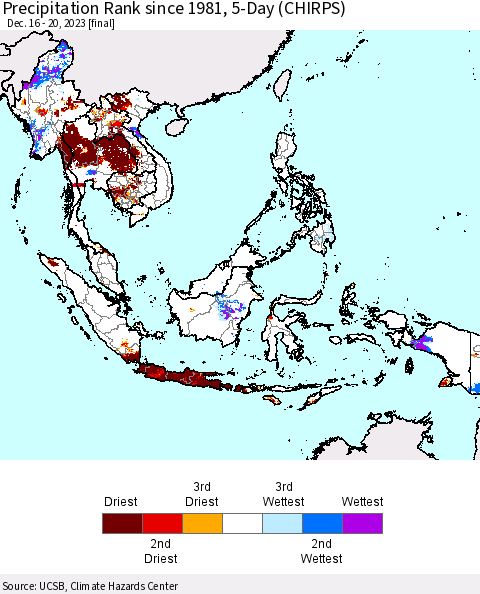 South East Asia Precipitation Rank since 1981, 5-Day (CHIRPS) Thematic Map For 12/16/2023 - 12/20/2023