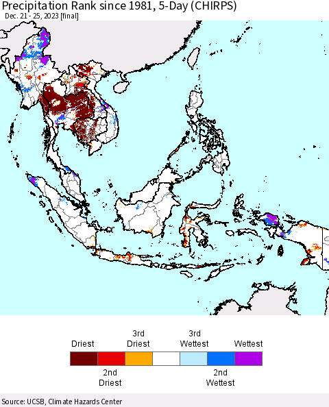 South East Asia Precipitation Rank since 1981, 5-Day (CHIRPS) Thematic Map For 12/21/2023 - 12/25/2023