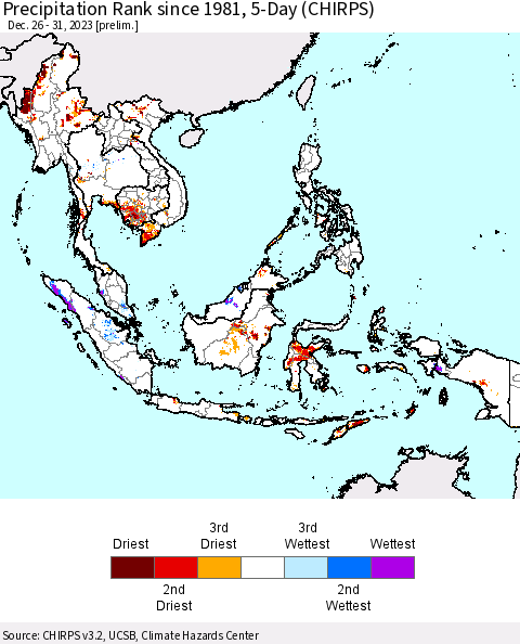 South East Asia Precipitation Rank since 1981, 5-Day (CHIRPS) Thematic Map For 12/26/2023 - 12/31/2023