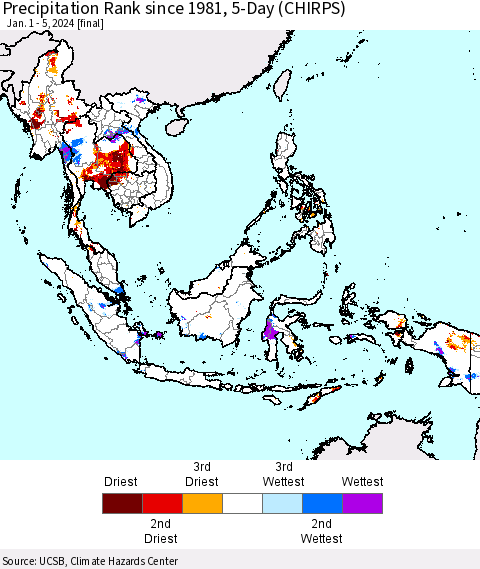 South East Asia Precipitation Rank since 1981, 5-Day (CHIRPS) Thematic Map For 1/1/2024 - 1/5/2024