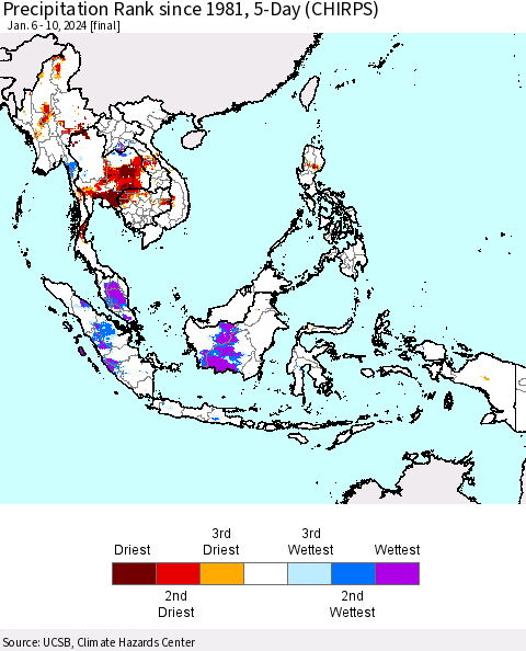 South East Asia Precipitation Rank since 1981, 5-Day (CHIRPS) Thematic Map For 1/6/2024 - 1/10/2024